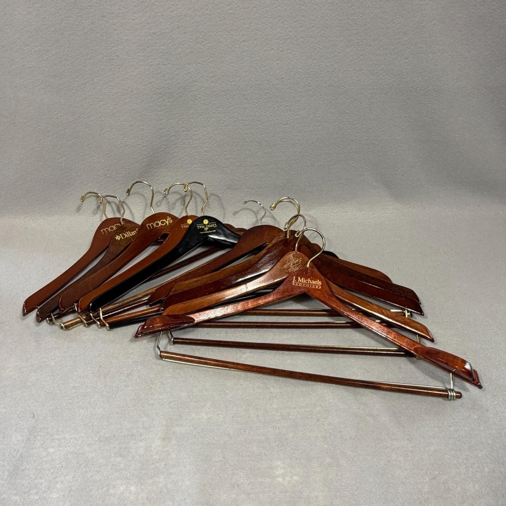 Wooden Clothes Hangers Lot Of 10 Macy's Dillards J Michaels Lord & Taylor Unk